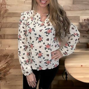 Lucky Brand Smocked V-Notch Neckline Peasant Blouse Rose Print Long Sleeve NEW